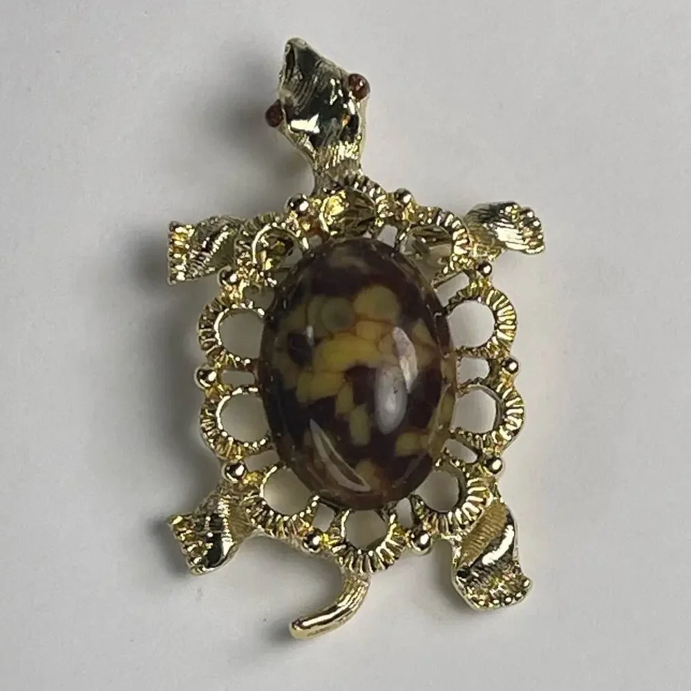 Vintage Brown Stone Cabochon Turtle Brooch Pin Pendant Gold Tone Gerry's 2 1/4